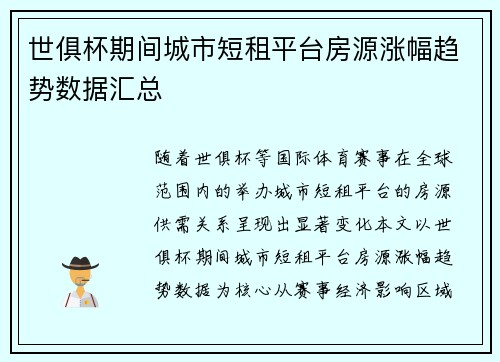 世俱杯期间城市短租平台房源涨幅趋势数据汇总